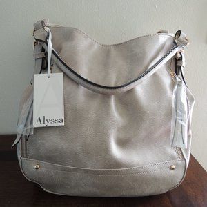 NWT mocha cream Alyssa slouchy hobo bag with gold accents, zippers